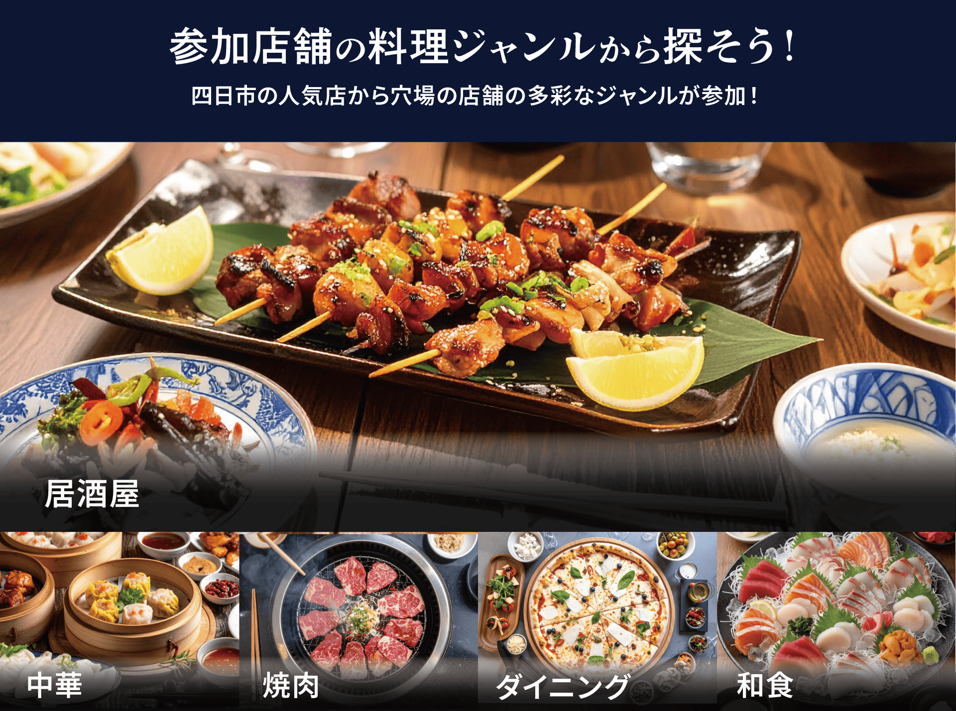 「四日市の人気店から穴場の店舗の多彩なジャンルが参加!」＋「居酒屋」＋「中華」＋「焼肉」＋「ダイニング」＋「和食」